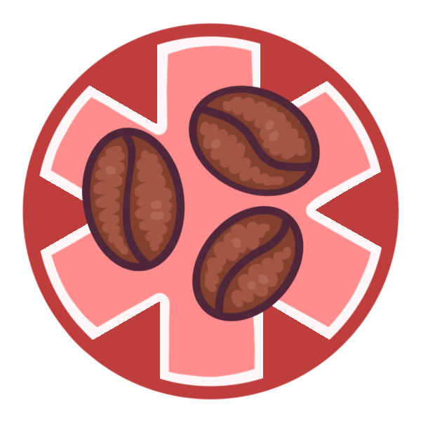 a red circle with a large medical alert asterisk inside it, and three coffee beans pictured in the center.